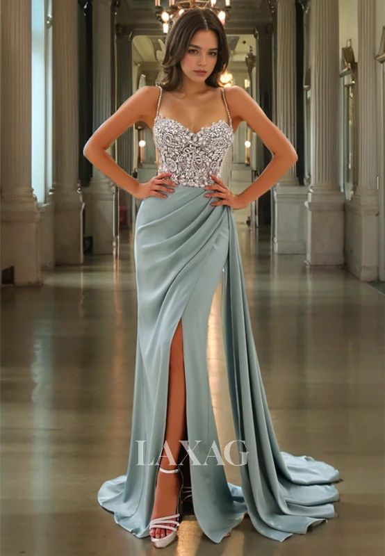 Spaghetti Straps Sweetheart Beaded Pleated Prom Dress Sleeveless Applique Party Dress with Sweep Train Elegant Contour