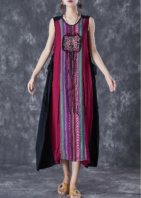 Unique Red Embroideried Patchwork Tasseled Linen Dress Sleeveless Wardrobe Refresh