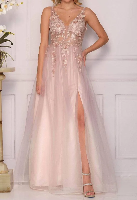 Floral Applique Tulle Gown In Mauve Pink Fashion Deal