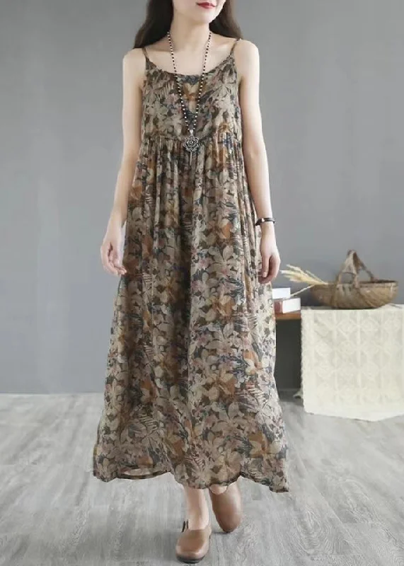 Bohemian Khaki Print Wrinkled Linen Spaghetti Strap Dress Sleeveless Mid - Week Surprise