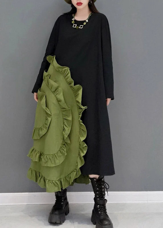 Casual Green O-Neck Ruffles Patchwork Long Dresses Long Sleeve Limited Time Deal