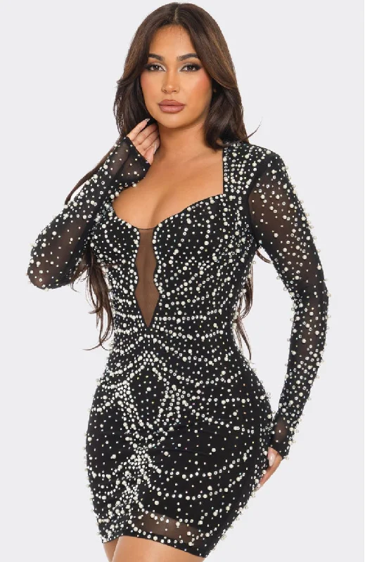 Ms Baddie Black/Rhinestone/pearl Embellished Bodycon Dress Great Prices On Feminine Styles