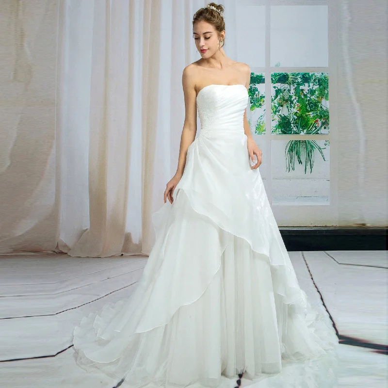 Timeless Strapless Ruffle Orgazan Tulle A-line Wedding Dresses Summer Splash Sale