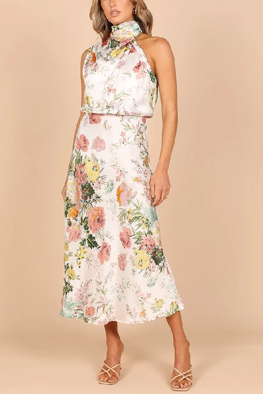 Sleeveless Halter Printed Satin Dress Seasonal Sale