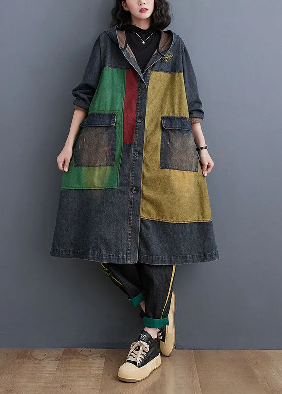 Vintage Colorblock Patchwork Button Hooded Denim Trench Coat Long Sleeve Boho - Chic Festival - Ready Style