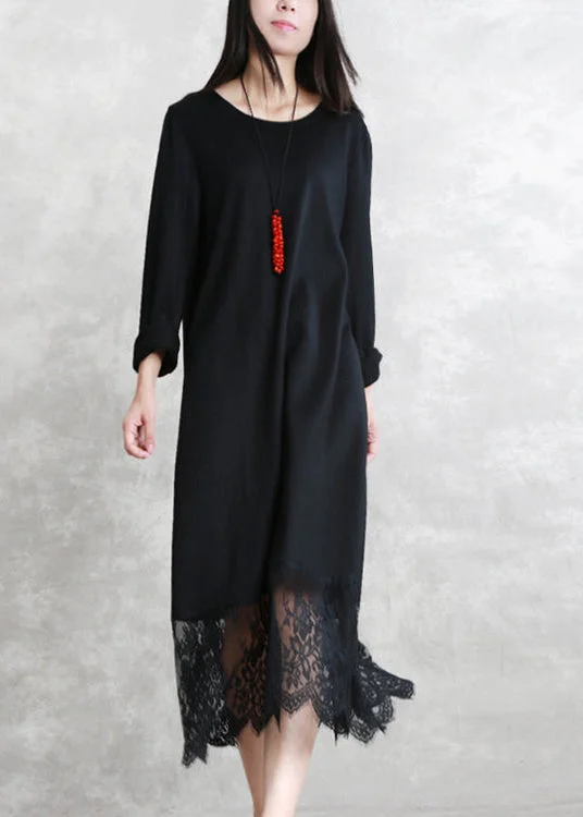 baggy black long wool blended dresses casual O neck patchwork traveling dress Elegant long sleeve lace autumn dress Exclusive Discount