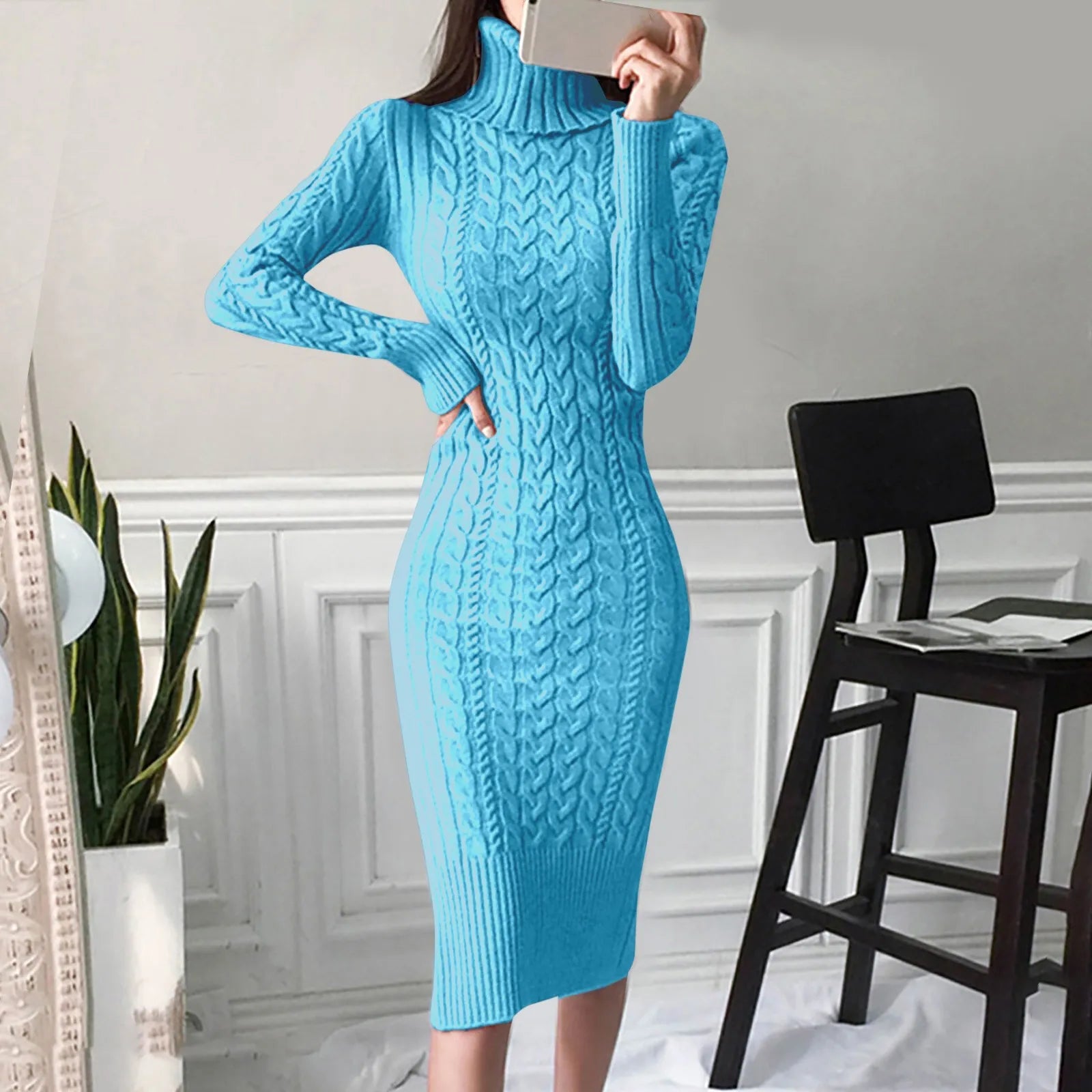 JuliaFashion - Knitted Turtleneck Long Sleeve Sweater Elegant Autumn Winter Slim Bodycon Mid-Length Warm Casual Female Dress Feminine Grace