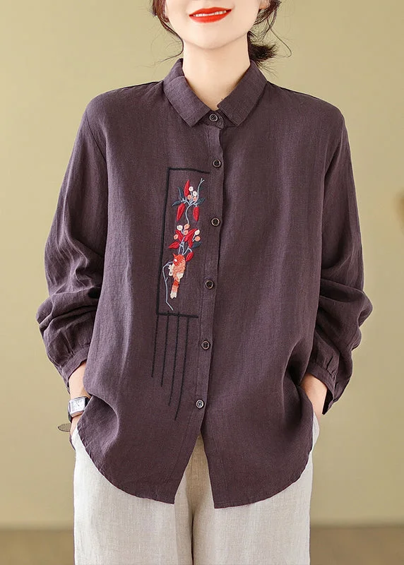 New Purple Solid Embroidered Cotton Blouses Long Sleeve Feminine Flow