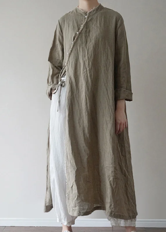 Chinese Style Green tie waist Linen Long Dresses Long Sleeve Chic Allure