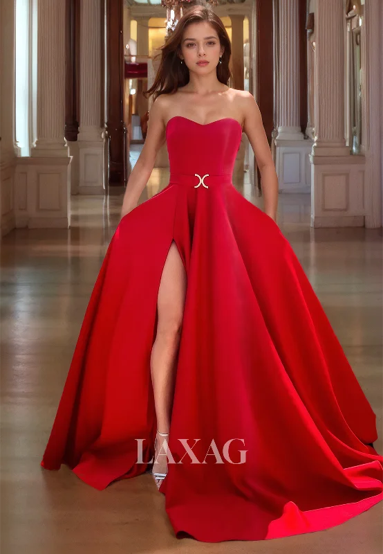 Sweetheart Strapless A-Line High Slit Sleeveless Red Long Formal Party Prom Dress Exclusive Discount