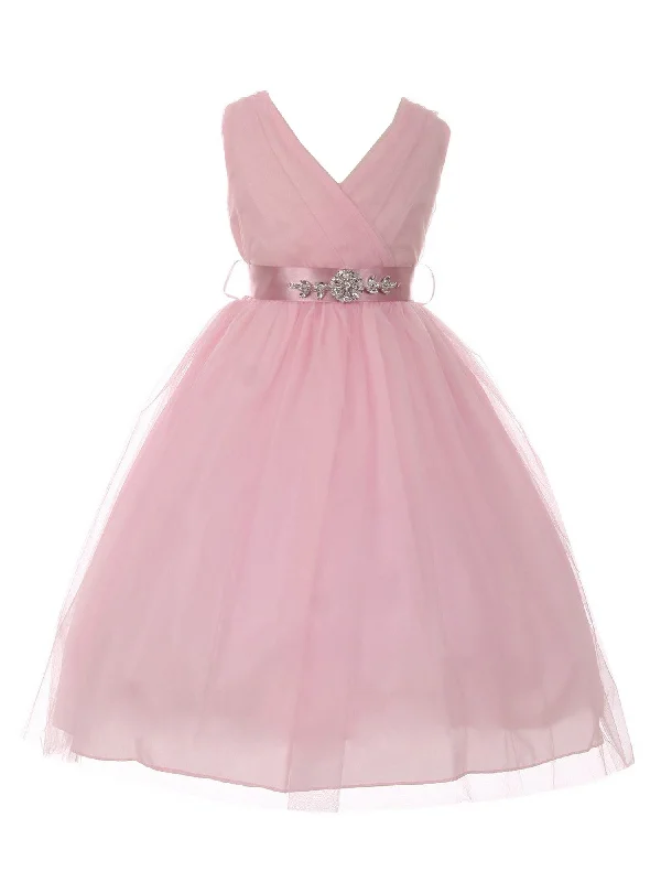 Little Girls Pink Rose Rhinestone Satin Sash V-Neck Tulle Flower Girl Dress 2-6 Y2K Nostalgic Fashion Look