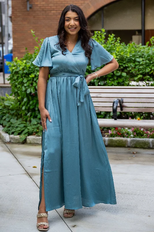 Blake Satin Blue Maxi Dress Romantic Detailing