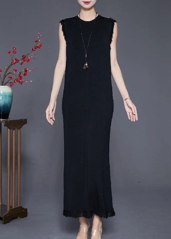 Black Slim Fit Knit Holiday Dress Tasseled Sleeveless Limited Quantities