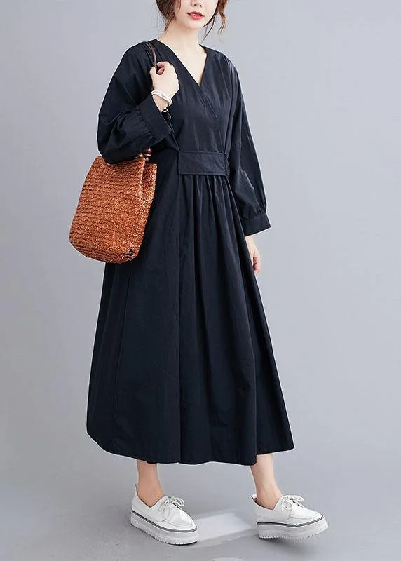 Chic Black Slim Fit V Neck Pockets Fall Long Dresses Long Sleeve Clearance Event