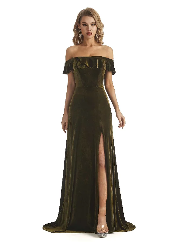 Elegant Sheath Off The Shoulder Velvet Long Wedding Guest Dresses Feminine Grace