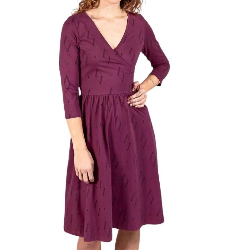 Callie Long Sleeve Wrap Dress In Diamond Vine Dark Purple Disco - Inspired Retro Dance Look