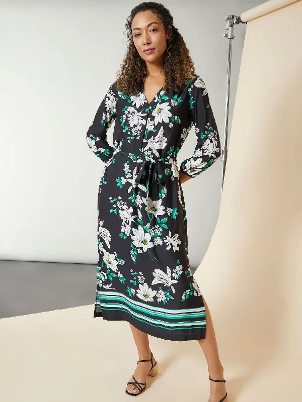 V-Neck Floral Belted Midi Dress Today Only