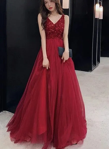 Sexy V-neckline Wine Red Tulle Floor Length Party prom Dress, Red Formal Gown   cg13275 Alluring Design