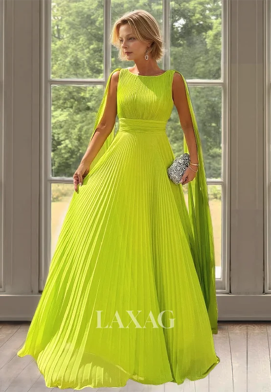 Scoop-Neck Off-Shoulder Sleeveless Pleated Floor-Length Chiffon A-Line Mother of the Bride Dress with Sweep Train Limited - Time Bundle