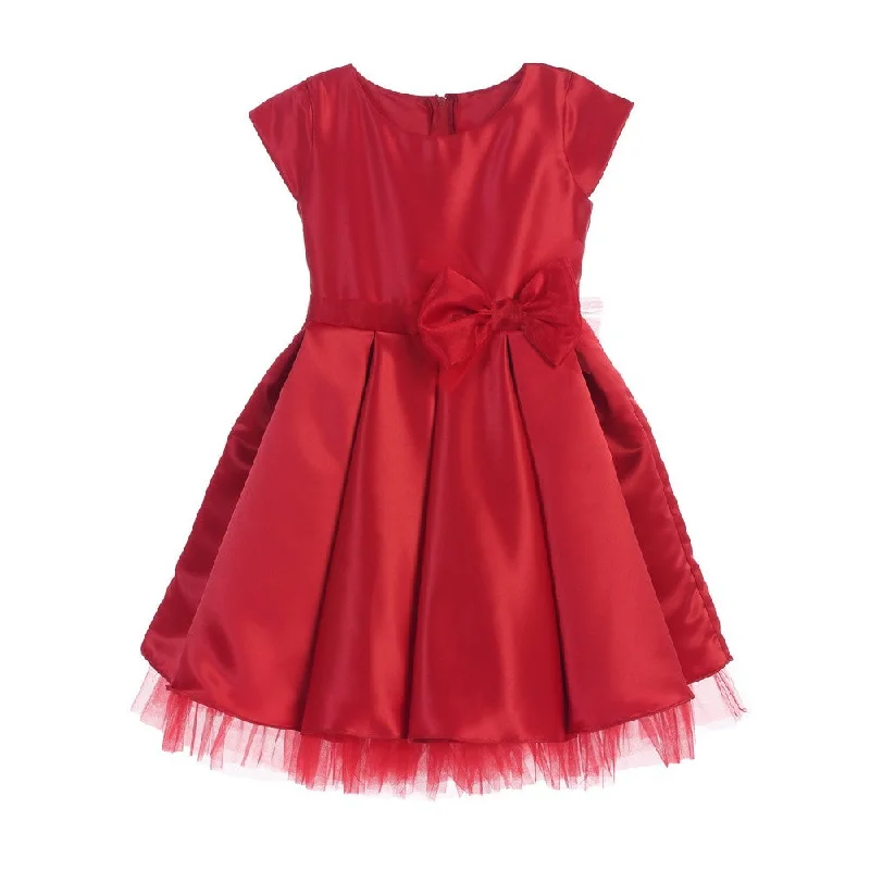 Big Girls Red Satin Full Pleated Bow Accent Christmas Dress 7-12 Chic Style