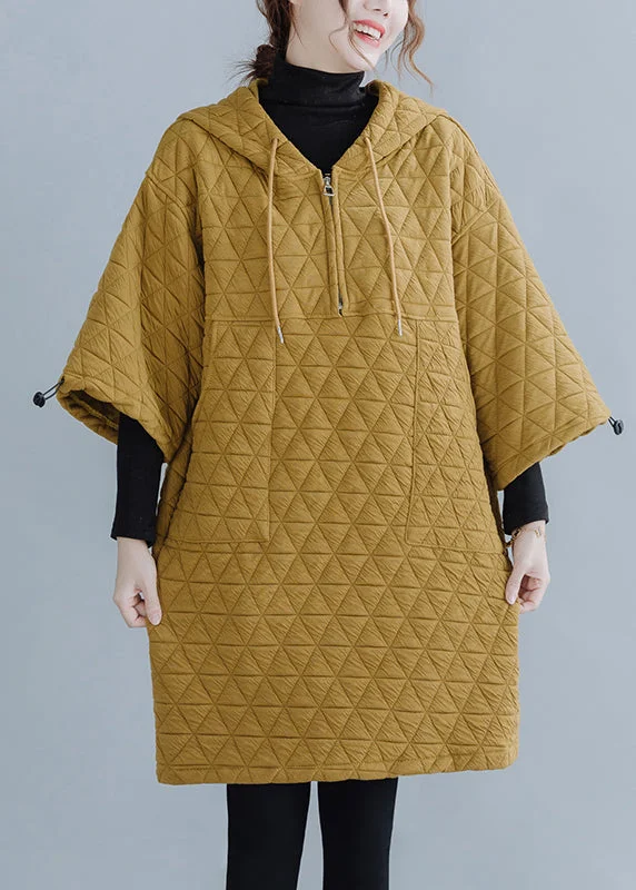 Plus Size Yellow Hooded Drawstring Thick Mid Dress Long Sleeve Rustic Countryside Charm Look