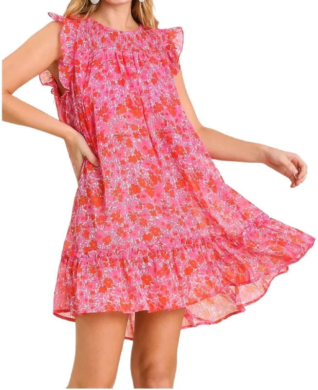 Floral Metallic Flutter Sleeve Dress In Hot Pink Spring Fling Sale