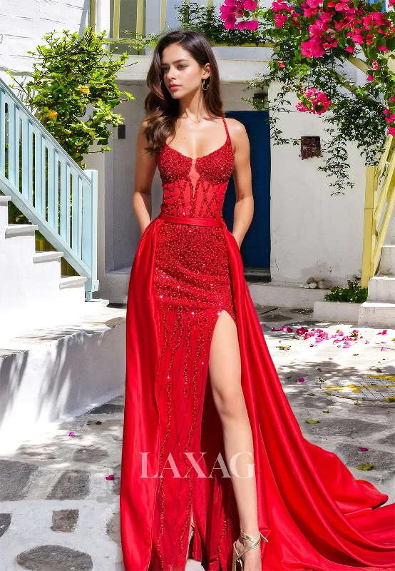 Spaghetti Straps Scoop-Neck Off-Shoulder Sleeveless Beaded Fitted Prom Dress with Overskirt Elevated Style