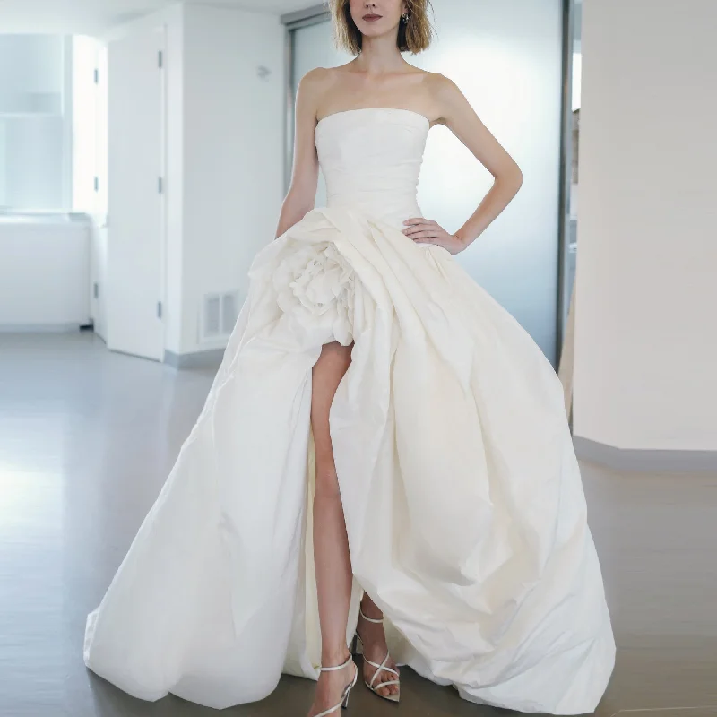 Strapless Hi-Lo Taffeta Bridal Wedding Dresses with Long Train Final Clearance