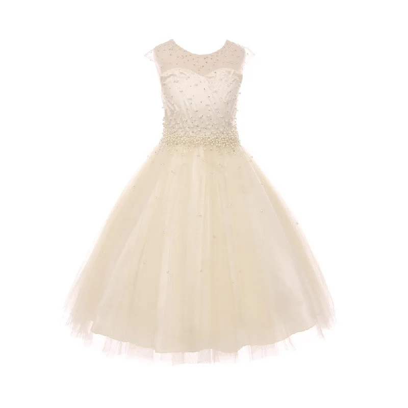 Little Girls Ivory Pearl Rhinestone Satin Tulle Illusion Flower Girl Dress 4-6 Nordic Minimalist Home Look