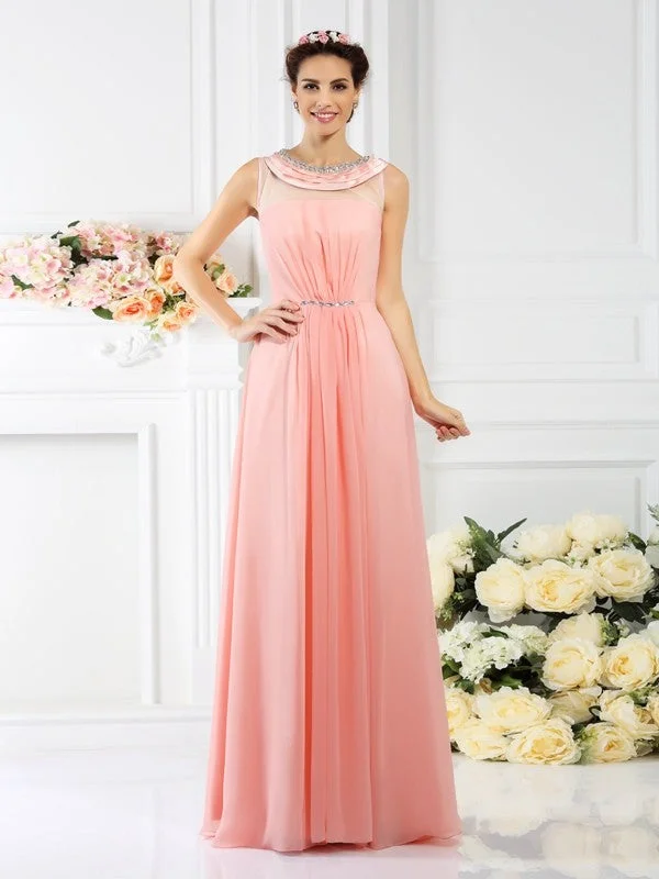 A-Line/Princess Bateau Beading Sleeveless Long Chiffon Bridesmaid Dresses Holiday Sale