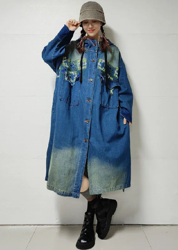 Blue Button Pockets Denim Trench Coat Embroidered Long Sleeve Limited Styles