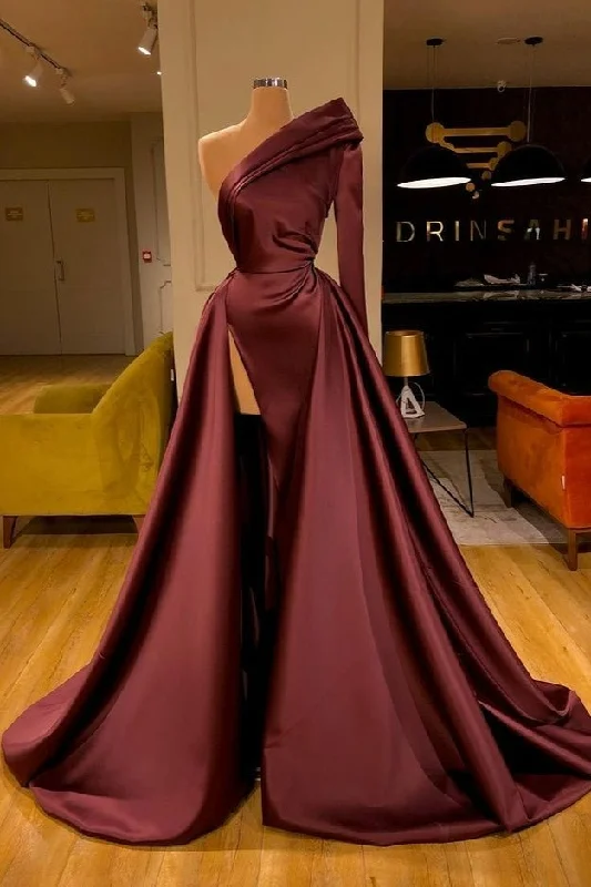 A Line Long Sleeves One Shoulder Burgundy Prom Dress with Split PD0570 Minimalist Office - Ready Style