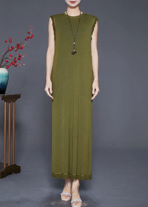 Boho Army Green Tasseled Slim Fit Knit Dresses Sleeveless Early Access To Art Deco Styles Sale