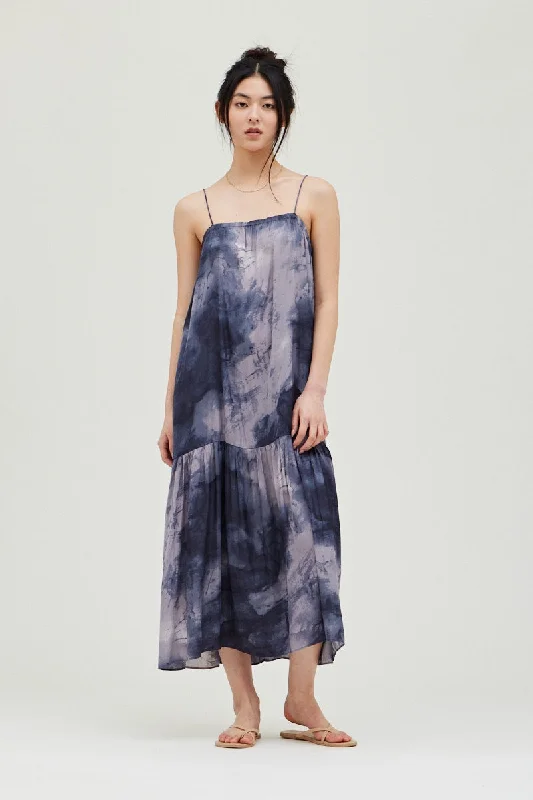 Tie Dye Satin Print Maxi Dress Elegant Contour