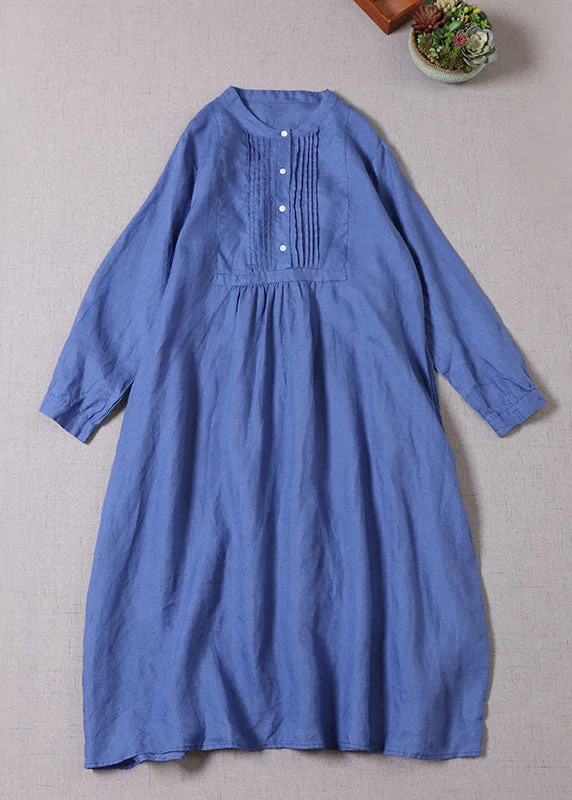 Bohemian Blue Button wrinkled Linen Dresses Long Sleeve Hollywood Glam Award - Show Style