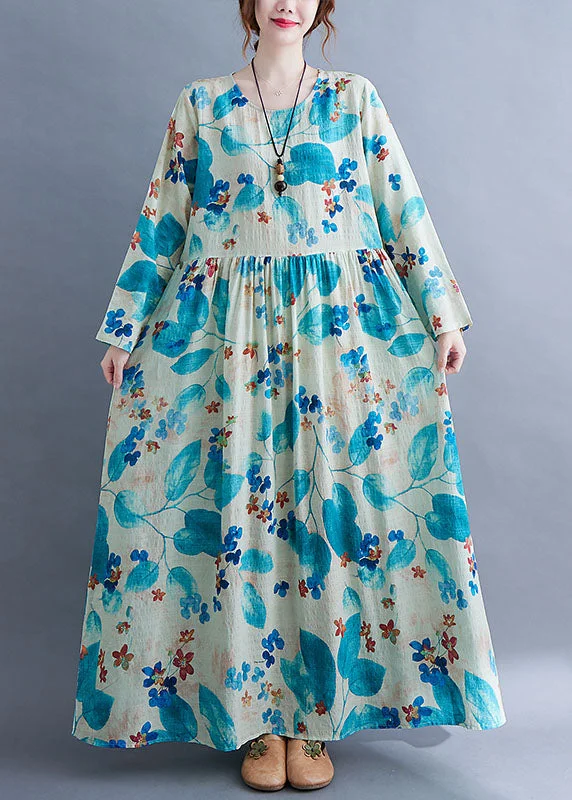 Unique Blue Baggy O-Neck Wrinkled Print Long Dress Long Sleeve Style Upgrade