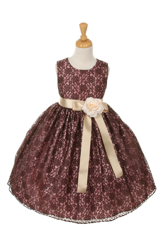 Girls Brown Champagne Satin Flower Girl Dress 2-14 Contemporary Elegance