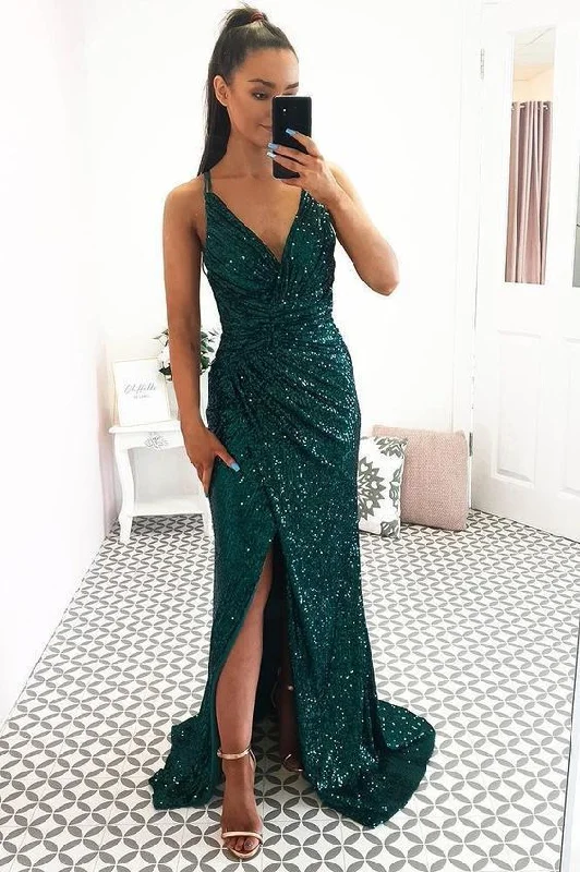 Green Fitted V Neck Prom Dress For Girl Sequin Backless Formal Gown Side Slit   cg13532 Chic Urban Fashion Look