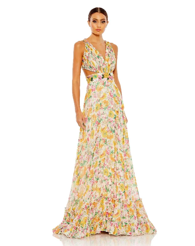 Floral Print Cut Out Lace Up Tiered Gown End Of Season Sale