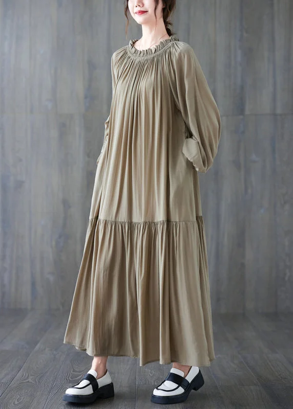 Natural Khaki Wrinkled Drawstring Chiffon Long Dress Long Sleeve Seasonal Sale