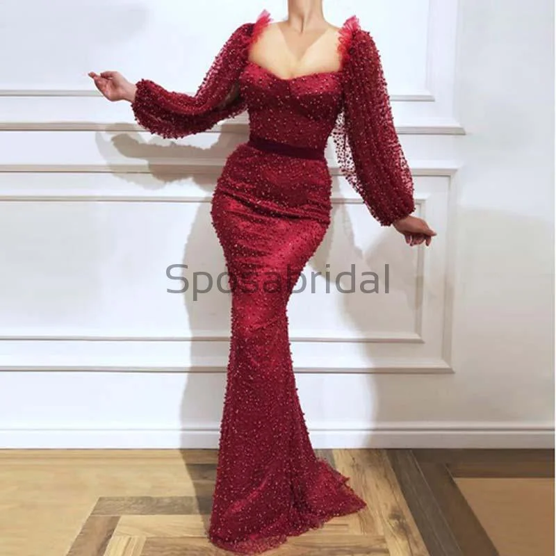 Charming Mermaid Elegant Long Sleeves Sexy Formal Long Prom Dresses PD1950 Art Deco Geometric Pattern Look