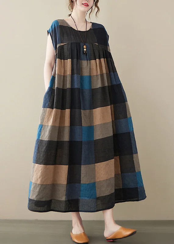 Loose Black Plaid O Neck Pockets Cotton Long Dresses Sleeveless Spring Fling Sale