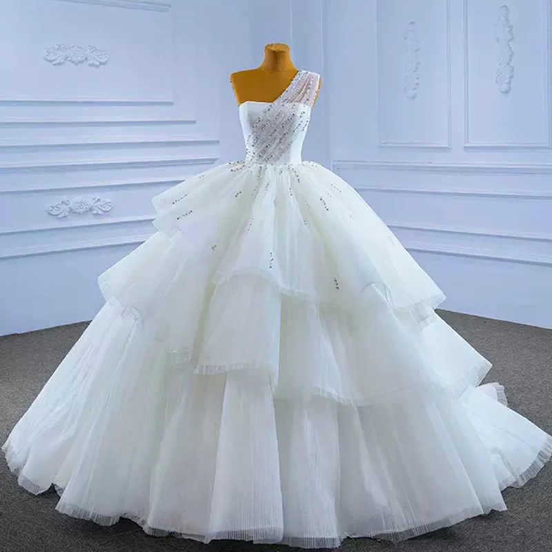 Layered Tulle Ball Gown Wedding Dress with One Shoulder Romantic Date - Night Ensemble