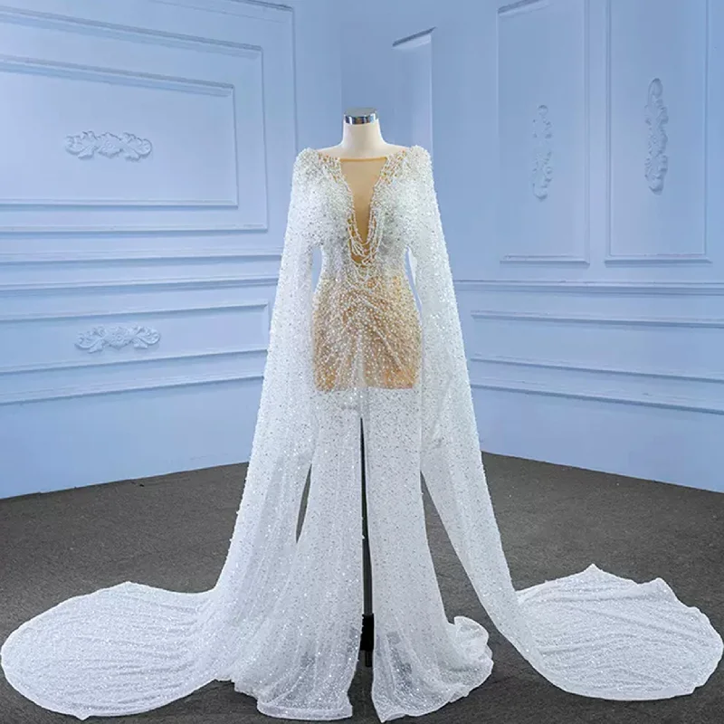 Sheer Modern Pearl Wedding Dress with Long Cape Sleeves And Slit Rustic Countryside Charm Look