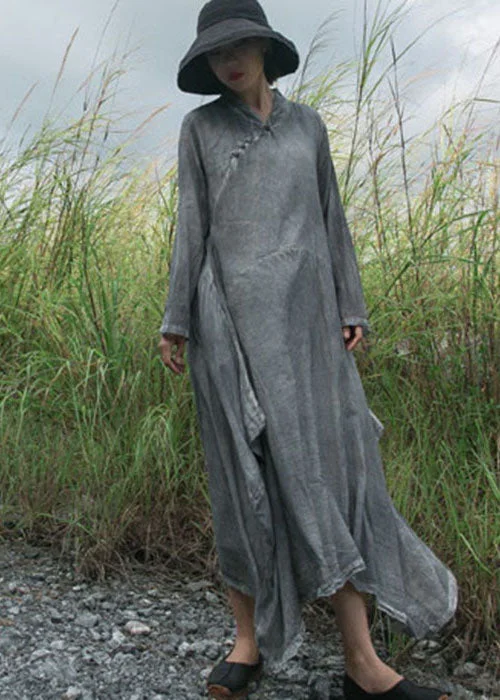 Fitted Grey Button Asymmetrical Cotton Dress Long Sleeve Limited - Edition Drops