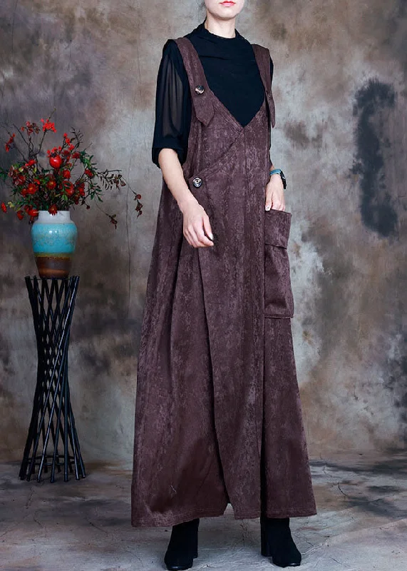 Fitted Chocolate Asymmetrical Pockets Velour Dress Sleeveless Now On Sale For Chic Urban Styles