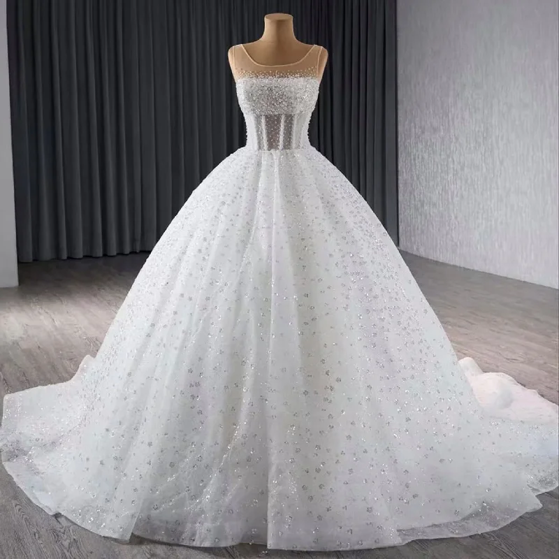 Beaded Flower Wedding Dress Sheer Bodice Sparkly Bridal Gown Elevated Style