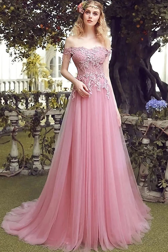 Aurora Off The Shoulder Tulle Natural Waist A-Line/Princess Sleeveless Sweep-Brush Train Bridesmaid Dresses Spring Wardrobe