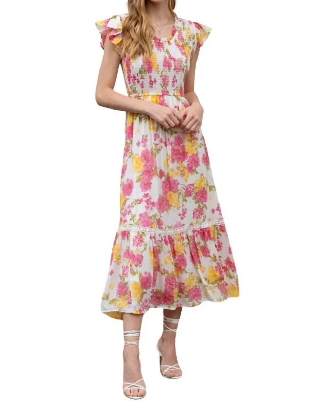 Floral Smocked Dress In Pink Rustic Countryside Charm Look