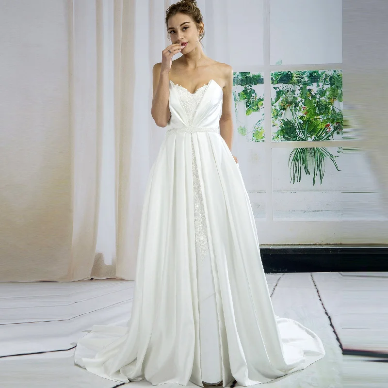 Strapless Sweetheart Ruched Satin Wedding Dress Crystals Waistband Fashion Sale